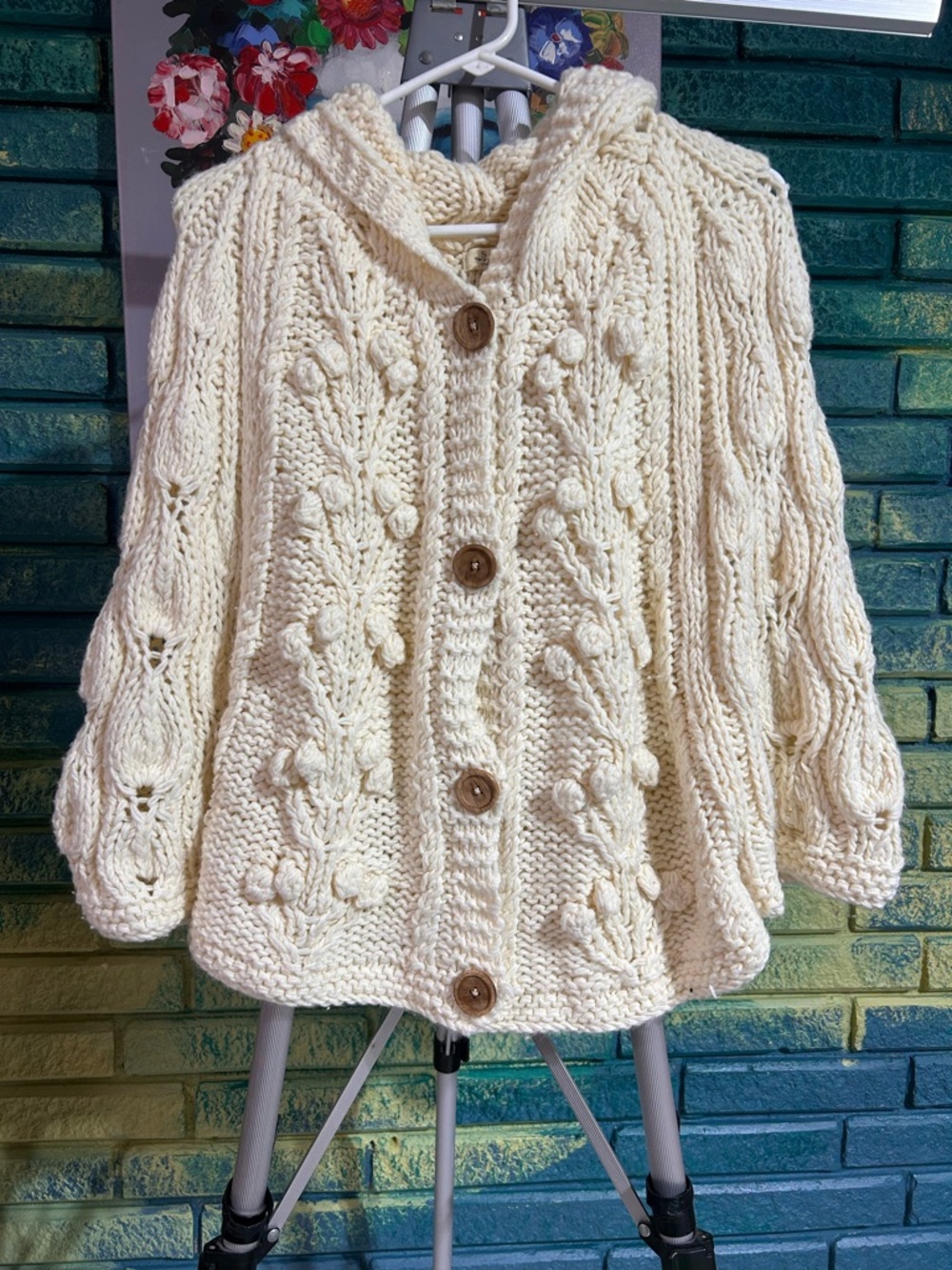 Cream Hooded Chunky Knit Cardigan with Bobble Cable Detail